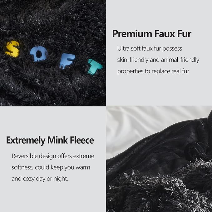 GONAAP Fuzzy Faux Fur Throw Blanket Queen Size Black Super Soft Cozy Plush Fuzzy Shaggy Blanket for Couch Sofa Bed (Black, Queen(90"x90"))-Ruum Studio Home