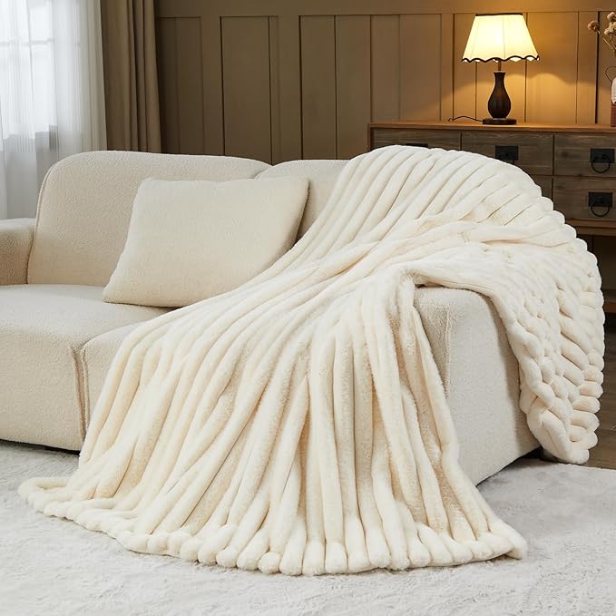 NEWCOSPLAY Faux Fur Twin Blanket Ivory 3D Ribbed Plush Thick Warm Blanket for Couch Sofa Bed 850GSM (Ivory Ribbed, Twin(60"x80"))-Ruum Studio Home