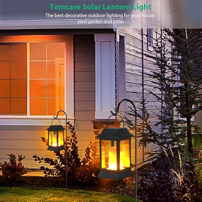 TomCare Solar Lights Metal Flickering Flame Solar Lantern Outdoor Hanging Lanterns Decorative Lighting Heavy Duty Solar Powered Waterproof Umbrella Lighting for Garden Yard Patio Deck, 2 Pack（Black）-Ruum Studio Home