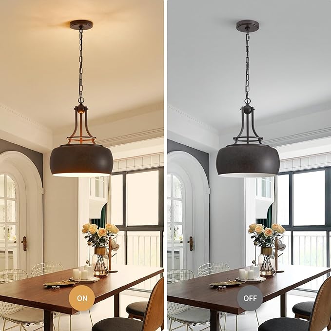 WUZUPS Chandelier Rustic Farmhouse Industrial Round Ceiling Pendant LED Light Fixture with Open Bottom Drum Shade, H 15.7" x W 13.4", Distressed Rust-Ruum Studio Home