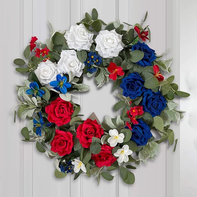 WANNA-CUL Patriotic Wreath Decorations, 24 Inch Rose 4th of July Wreaths for Front Door, Red White Blue Spring Door Wreath for Independence Day, Memorial Day for Indoor Outdoor Decor-Ruum Studio Home