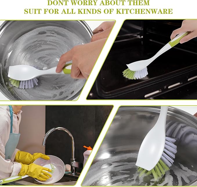 8 Pcs Dish Brush with Handle Kitchen Scrub Brush Pot and Pan Cleaning Brush Dish Scrubber with Stiff PET Bristles for Cookware Sink Washing Household, Green, 11 x 3.1 x 0.98 Inch-Ruum Studio Home