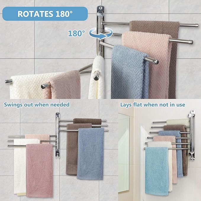 Towel Rack Wall Mounted JSVER Bathroom Towel Rack, Space Saving Towel Holder, Swivel SUS304 Stainless Steel Towel Bar, 180° Rotation 6 Arms Towel Racks for Bathroom-Ruum Studio Home