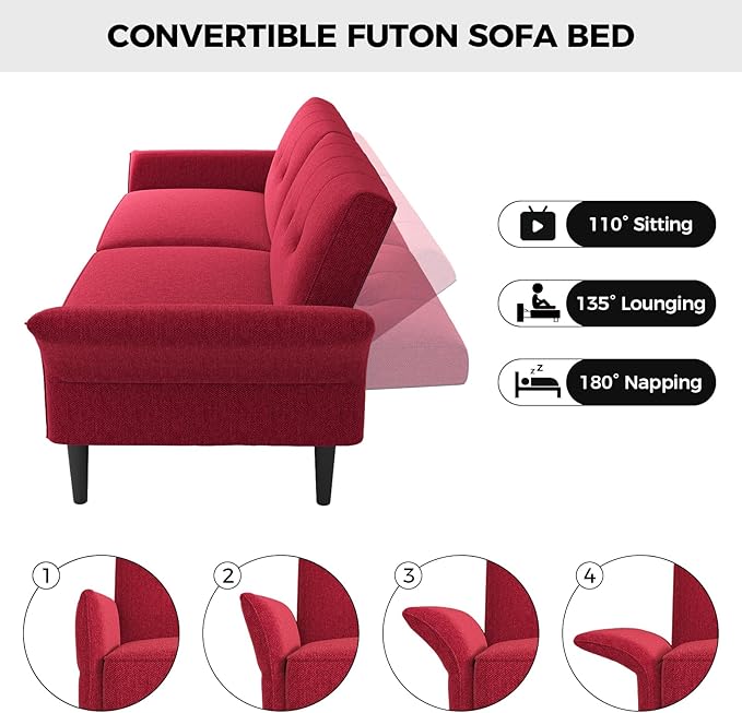 89” Futon Sofa Bed, Linen Comfy Futon Couch Bed with 2 Square Pillows, Convertible Sleeper Sofa with Adjustable Backrest& Armrests, Modern Loveseat Sleeper for Living Room, Bedroom, Red-Ruum Studio Home