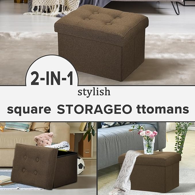 LINMAGCO Ottoman Storage Ottoman with Storage Small Foot Rest Stool Under Desk Stool Short Folding Footrest Linen Cloth Brown 16X12X12IN-Ruum Studio Home