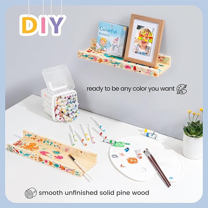 Picture Ledge Shelf for Wall, 16 inch Solid Pine Wood Nursery Book Shelves 2 Packs, Floating Ledge Shelves for Kids' Room Bedroom Bathroom Living Room Photo Frames Office Nursey Wall Decor, Natural-Ruum Studio Home