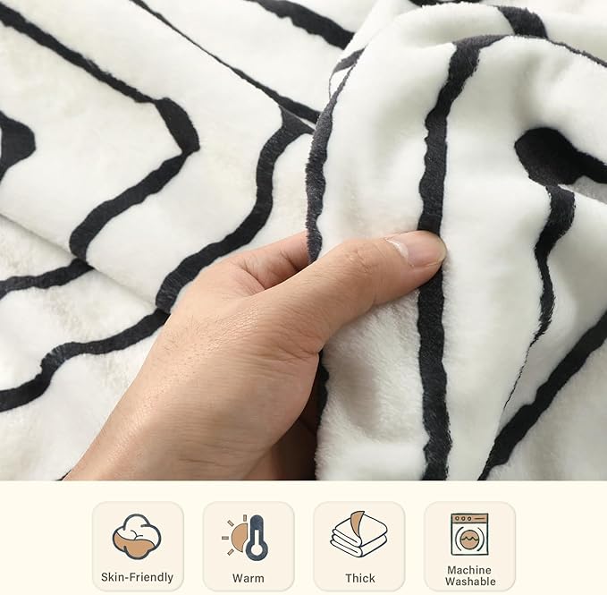 Lahome Boho Fleece Throw Blanket Black White Striped Fluffy Bed Throws Soft Cozy Warm Fuzzy Throw Blanket Reversible Blankets for Couch Sofa, Off White 50''x60''-Ruum Studio Home