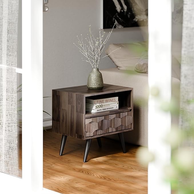 Bme Georgina Solid Wood Nightstand with 1 Drawer & Open Shelf- Fully Assembled Mid Century Modern Side Table - Geometric Pattern Bedside Dresser for Bedroom and Living Room, Mocha-Ruum Studio Home