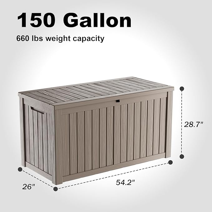 Vixzen 150 Gallon Resin Deck Box, Lockable Outdoor Storage Box for Patio Cushions Storage Furniture,Garden Tools, Pool Supplies, Weatherproof and UV Resistant- Light Brown-Ruum Studio Home