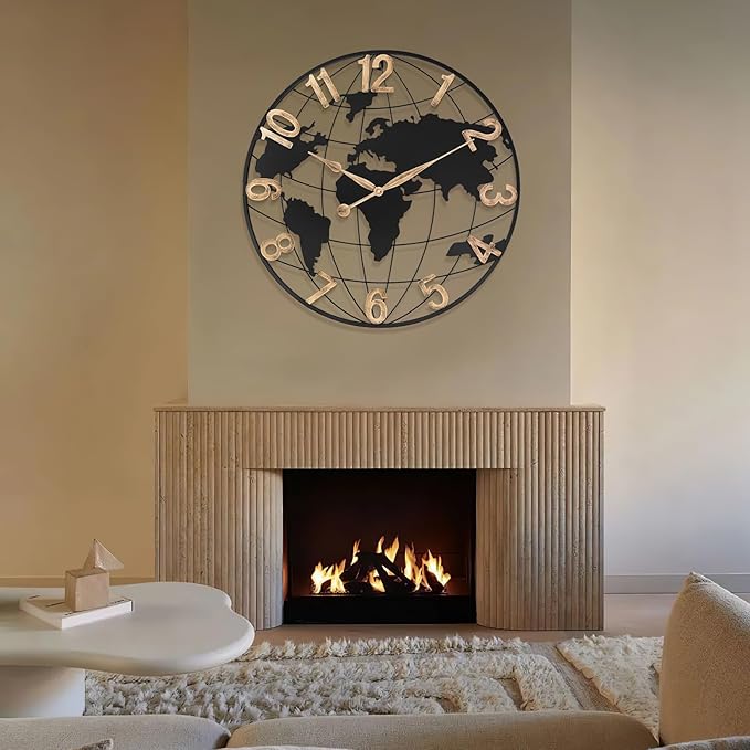 30 Inch Extra Giant Large Wall Clock Oversized,Black Big Metal Modern Decorative Silent World Map Wall Clock with Vintage Gold Arabic Numeral for Office,Living Room,Kitchen,Dining Room Decor-Ruum Studio Home