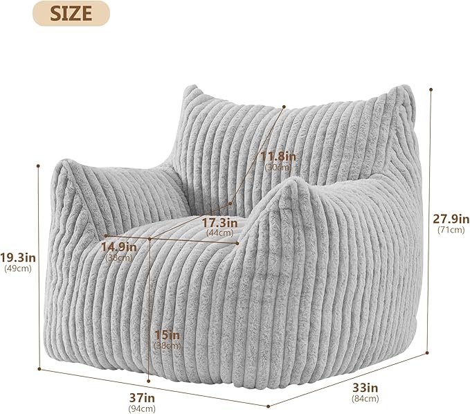 Giant Bean Bag Chairs for Adults Teens, Large Bean Bag Sofa Chairs with Filling Comfy Fuzzy BeanBag Chair with Armrests for Bedroom Living Room Reading-Ruum Studio Home