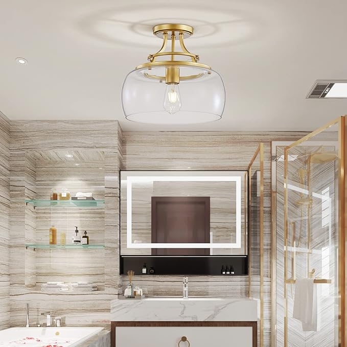 WUZUPS Chandelier Rustic Farmhouse Industrial Round Semi-flushmount Ceiling LED Light Fixture with Clear Glass Shades for Bathroom Kitchen Foyer Entryway, H 11.8" x W 13.4", E26 Base, Gold-Ruum Studio Home