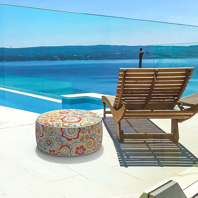 LVTXIII Indoor/Outdoor Inflatable Ottoman, All Weather Round Footrest Stool D21”x H9”, Portable for Patio Garden Camping or Home-Flower Multi-Ruum Studio Home
