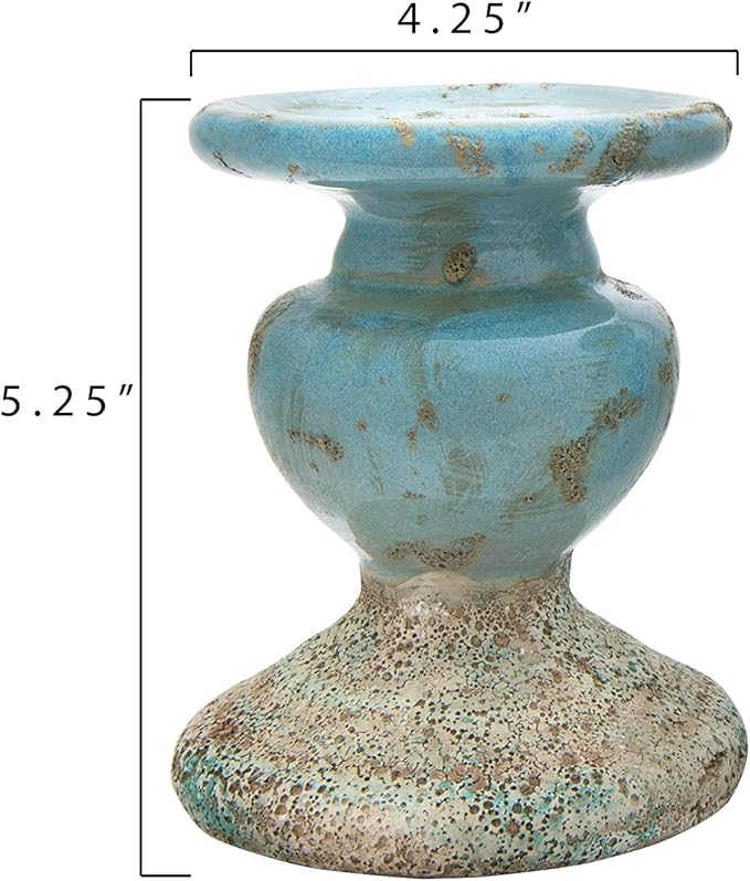 Creative Co-Op Small Distressed Blue Terracotta Pillar Candle Holder-Ruum Studio Home