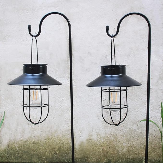 Solar Lantern 2pack Outdoor Hanging Light- Waterproof Vintage Metal Light with Shepherd Hook Decorative for Patio, Backyard, Porch, Yard (Black)-Ruum Studio Home