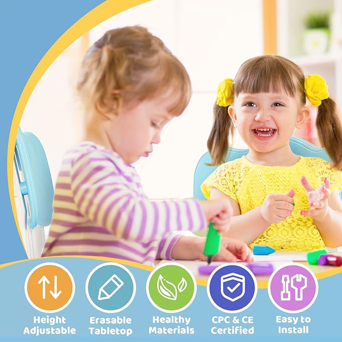FUNLIO Kids Table and 4 Chairs Set, Height Adjustable Toddler Table and Chair Set for Ages 3-8, Easy to Wipe Arts & Crafts Table, for Classrooms/Daycares/Homes, CPC & CE Approved (5-Piece Set) - Blue-Ruum Studio Home