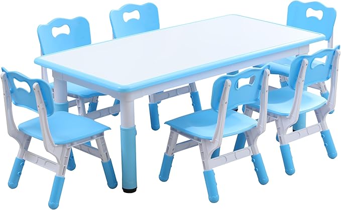 Kids Table and 6 Chairs Set with Graffiti Desktop, Toddler Furniture Set, Non-Slip, Table Children Study Desk, Dining Table, Height Adjustable Desk, Painting Desktop for Kids (47.2x23.6Inch)-Ruum Studio Home