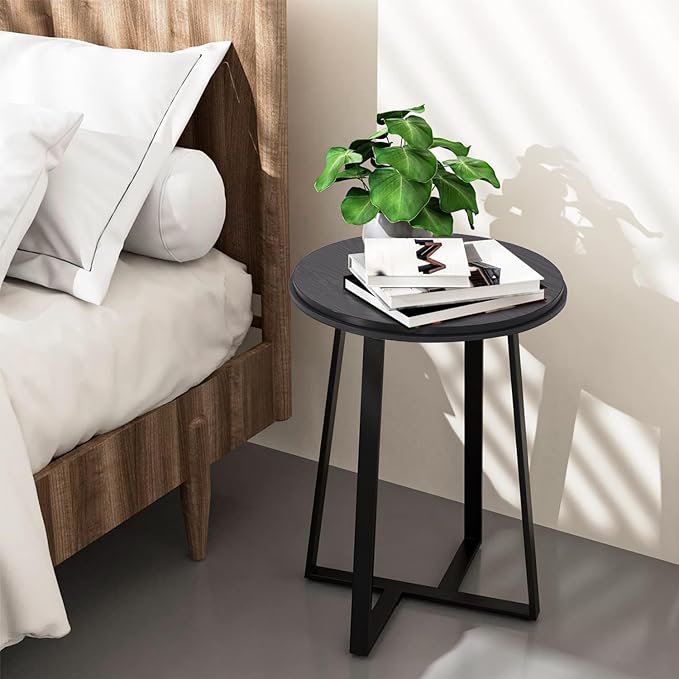 Round End Table, Small Side Table Black Color MDF Top, Metal Frame Black, Tall End Side Table for Bed Room, Coffee Tea End Table for Living Room(Round Black)-Ruum Studio Home