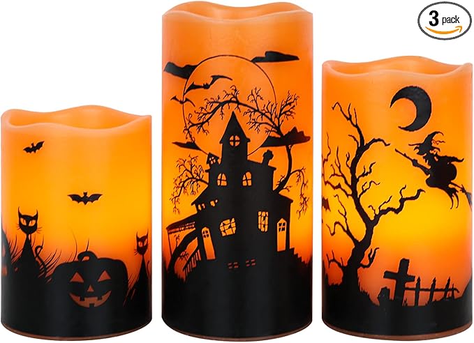 Wondise Halloween Flickering Flameless Candles with 6 Hour Timer, Battery Operated LED Real Wax Candles Set of 3 Halloween Home Decoration Gifts(3 x 4 5 6 Inch)-Ruum Studio Home