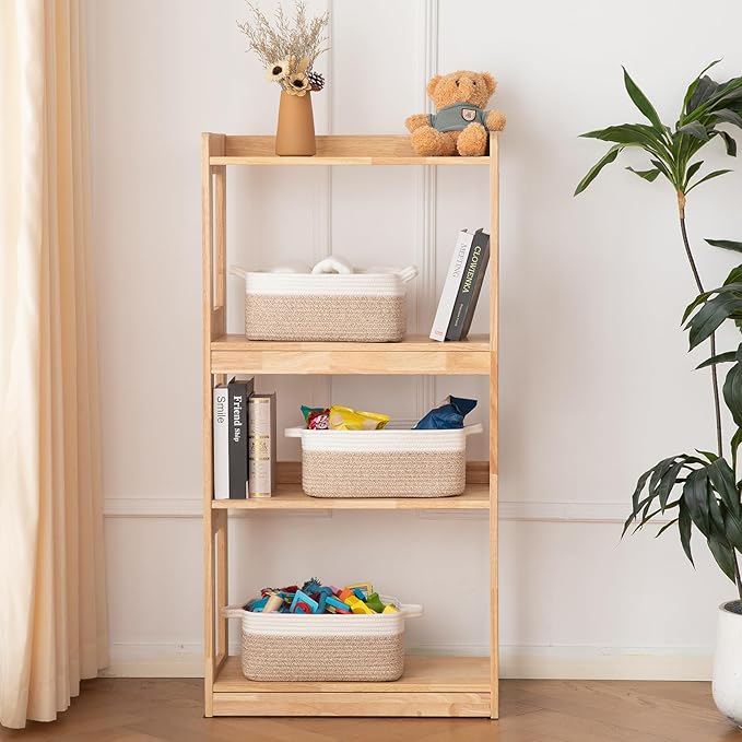 OIAHOMY 3 Pack Storage Baskets for Organizing, Woven Cotton Rope Basket for Shelves, Closet Organizer Bins with Handles, Rectangle Toy Organization, 13.78''×9.84''×5.5'', Brown & White-Ruum Studio Home