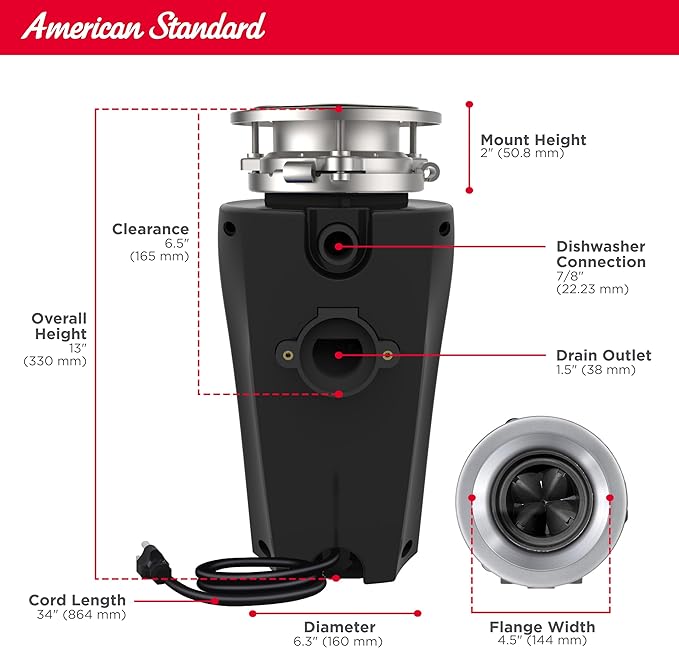 American Standard 10-US-AS-3 Garbage Disposal Anti-Jam Stainless Steel Food Waste Grinding System, Slim Line, 1/3 HP, Black-Ruum Studio Home