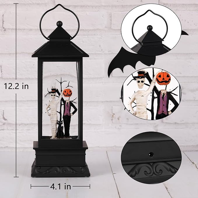 Halloween Snow Globes, Skull and Black Cat Scene Snow Globes, Glittering Lantern with Timer, Snow Globe Lantern USB or Battery Powered for Halloween Decor-Ruum Studio Home