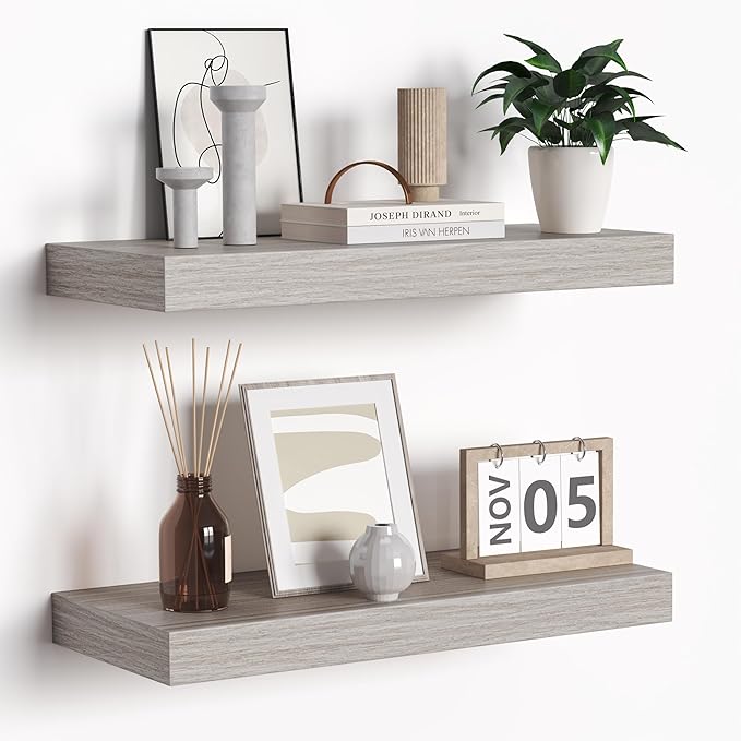 Floating Shelves - Rustic Grey Storage Shelf Set of 2 - 16 Inch Wall Mounted Shelves for Wall Decor & Storage - Wooden Shelves with Invisible Brackets for Living Room, Bedroom, Kitchen, Farmhouse-Ruum Studio Home