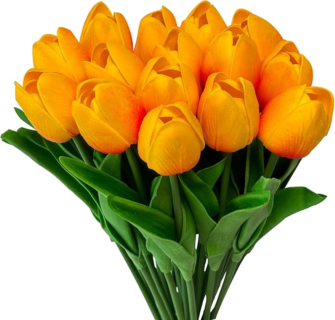 15 Heads Artificial Flowers PU Real Touch Tulip Bouquets Orange Tulips Faux Tulips Latex Fake Flower Bouquet for Spring Wedding Home Décor Centerpiece Arrangements-Ruum Studio Home