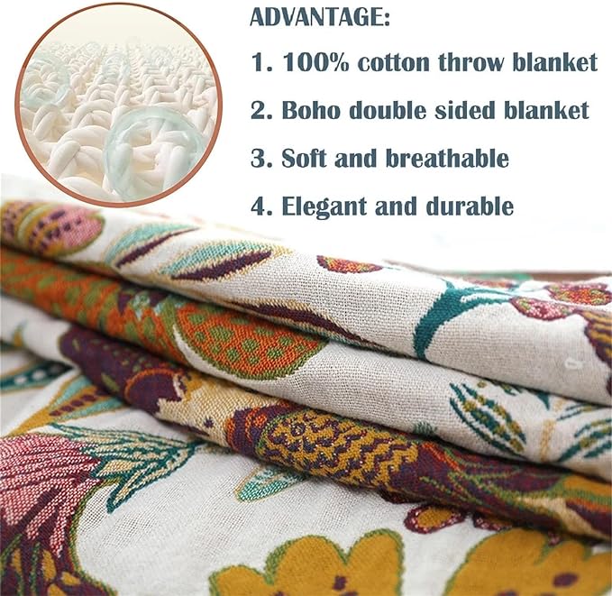 MSGKV Boho Throw Blanket for Bed Couch,100% Cotton Blankets 80''x 90'', Reversible Versatile Muslin Blanket, Super Soft Warm Boho Bedding Blankets-Ruum Studio Home