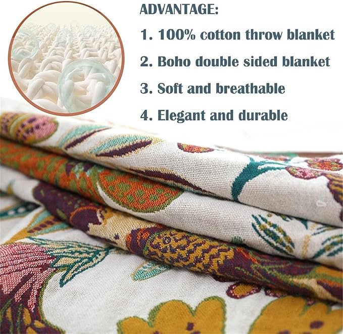 MSGKV 100% Cotton Boho Throw Blanket Woven Blankets, Reversible Versatile KnitWoven Blanket for Bed Couch Sofa, Super Soft Decorative Blanket for Chair Sofa and Living Room, 90''Wx 98''L-Ruum Studio Home