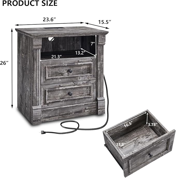 26" Tall Farmhouse Nightstand, 2 Drawers End Table w/Charging Station, 23.6" Wide Large Side Table w/Roman Column, Wood Rustic Sofa Table w/Open Shelf, Bedside Table for Bedroom, Light Gray-Ruum Studio Home