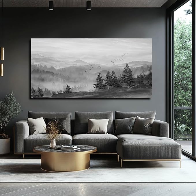 SOUGUAN Grey Wall Decor Foggy Mountain Wall Art Tree and Bird Pictures Artwork for Walls Living Room for Bedroom Kitchen Dining Room Home Office 30x60 Inch-Ruum Studio Home