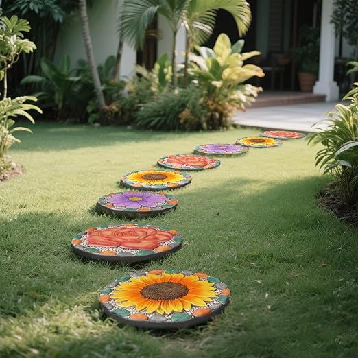 Decorative Sunflower Garden Stepping Stone - Colorful Pebble Border, Garden Stepping Stones Outdoor Yard Decor 10x10x0.75 Inches-Ruum Studio Home