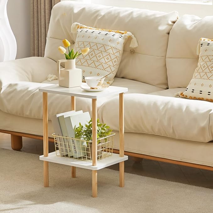 IBUYKE 2-Tier Side Table, Solid Wood Tall End Table with Storage Shelves, Nightstand Bedside Table for Living Room Bedroom Office, No-Tool Assembly, White UWST002W-Ruum Studio Home