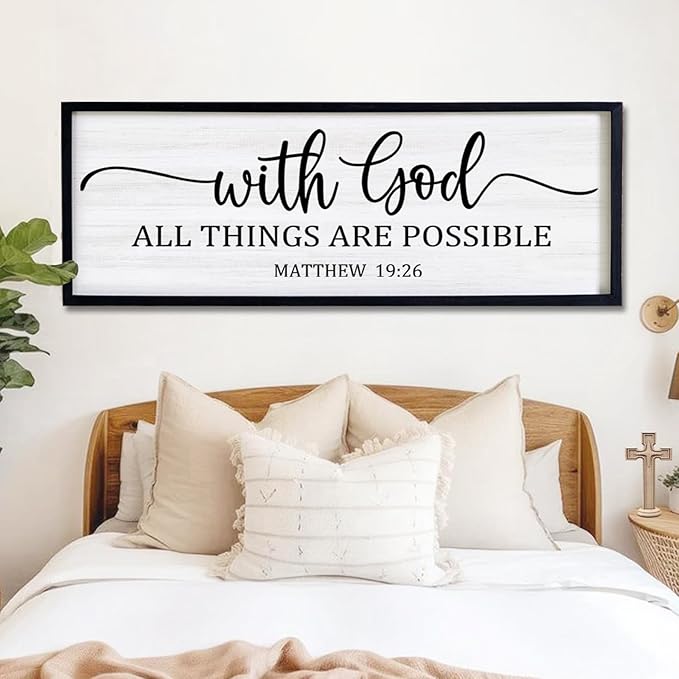 With God All Things are Possible Framed Wall Art, 40''×15'' Black Positive Religious Rustic Bible Verse for Christian God Jesus Christ Prayer, Holy Horizontal Inspirational Catholic Scripture Decor-Ruum Studio Home