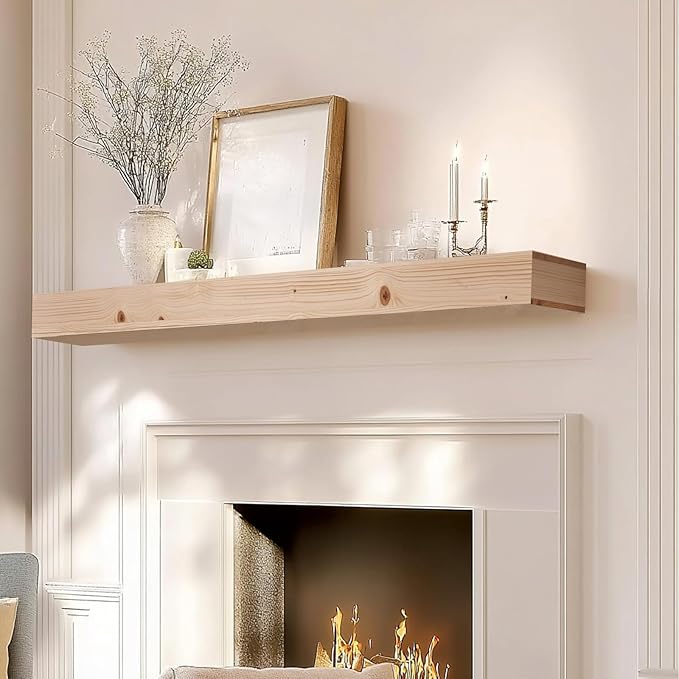60x8x3 Fireplace Mantel - Handcrafted Hollow Rustic Solid Wood Wall Mounted Floating Shelf - DIY Color - with Invisible Heavy Duty Wood Bracket-Ruum Studio Home