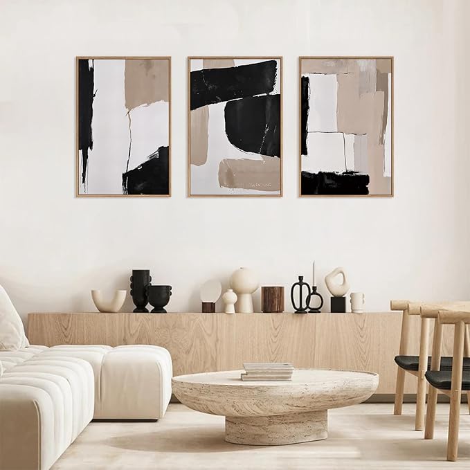 HLNIUC Large Framed Neutral Abstract Canvas Wall Art,Black and White Abstract Wall Decor Set of 3(16”X24”)Modern Minimalist Color Block Art Print,Beige Mid Century Wall Painting for Living Room,Office-Ruum Studio Home