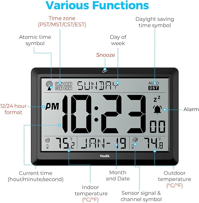 Wall Clock Atomic with Indoor Outdoor Temperature Battery Powered, Easy Reading with 10.5 Inch Large LCD Display, 330FT Range Table Wall Clock with DST, 12/24 Hour for Living Room Kitchen (Black)-Ruum Studio Home