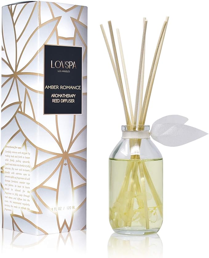 LOVSPA Reed Diffuser Set, Amber Romance Scented Oil Diffuser with Sticks, Home Fragrance Accessories for Bathroom Shelf Decor, Aroma Diffusers for Home or Office Fall Decor, USA Made-Ruum Studio Home