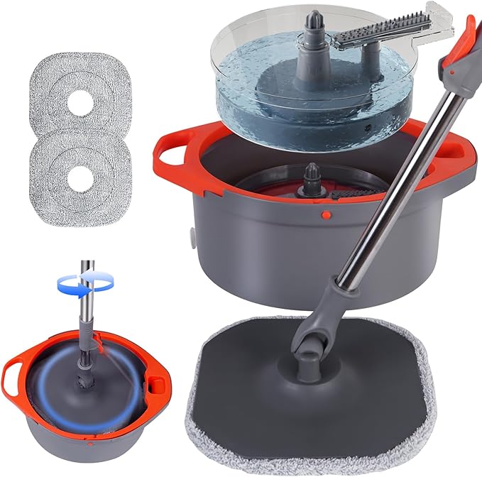 Spin Mop and Bucket Set with Separate Dirty and Clean Water,360° Self Cleaning Mop and Bucket System with Widened Foldable Handle,2 Replaceable Mop Pads,Square Mops for Floor Tile Marble Wall Cleaning-Ruum Studio Home