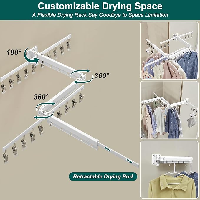 Hoimpro White 51" Clothes Drying Rack Retractable Foldable Wall Mounted, Tri-Fold Space Saving Collapsible for Hanging Clothing Coat, Ideal for Patio, Laundry Room Organization and Storage, Bathroom-Ruum Studio Home