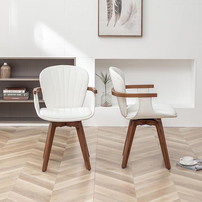 LUNLING Swivel Dining Room Chairs Set of 2,Mid Century Modern White Faux Leather Kitchen Chair with Arms,Bamboo Legs Side Chairs No Wheels,Accent Chair for Dining Rooms and Offices-Ruum Studio Home