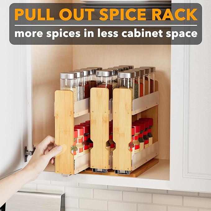 SpaceAid Bamboo Pull Out Spice Rack Organizer for Cabinet, Heavy Duty Slide Out Seasoning Kitchen Pantry Sliding Vertical Organization, 7.6" Wide, 3 Drawers(2" Wide), 2-Tier, Natural-Ruum Studio Home