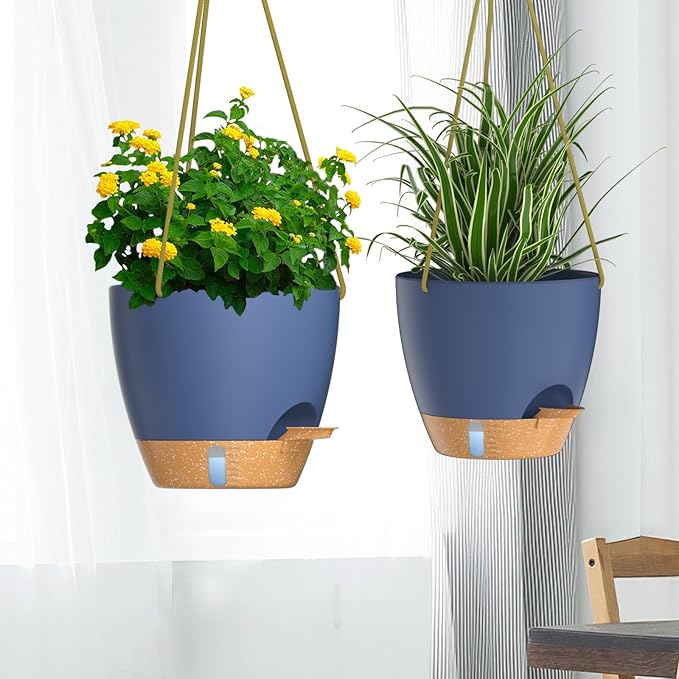 ZMTECH 10 Inch Hanging Planters for Indoor Outdoor Plants, 2 Pack Self Watering Hanging Plant Pots with Drainage Holes and Removable Saucer, Plastic Flower Hanging Pots with Watering Lip (Blue)-Ruum Studio Home