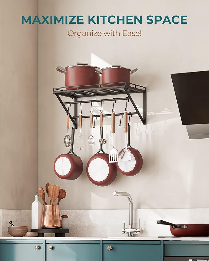 OROPY 23 Inch Wall Mounted Pot Rack Storage Shelf with 2 Tier Hanging Rails 12 S Hooks included, Ideal for Pans, Utensils, Cookware, Plant Black-Ruum Studio Home