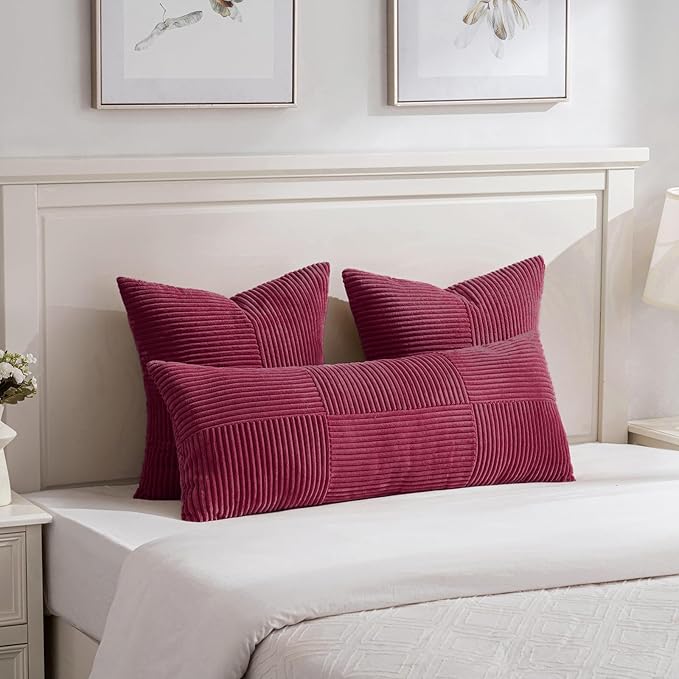 Fancy Homi 2 Packs Burgundy Big Decorative Throw Pillow Covers 24x24 Inch for Living Room Couch Bed Sofa, Rustic Farmhouse Boho Home Decor, Soft Corss Corduroy Patchwork Accent Cushion Case 60x60 cm-Ruum Studio Home