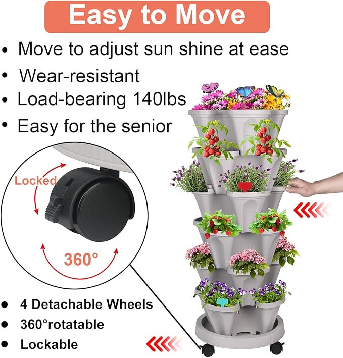 Vertical Planter, 6 Tier Stackable Strawberry Planter with Garden Tool Set, Movable Indoor/Outdoor Garden Herb Pot for Growing Vegetables and Succulents, Gray-Ruum Studio Home