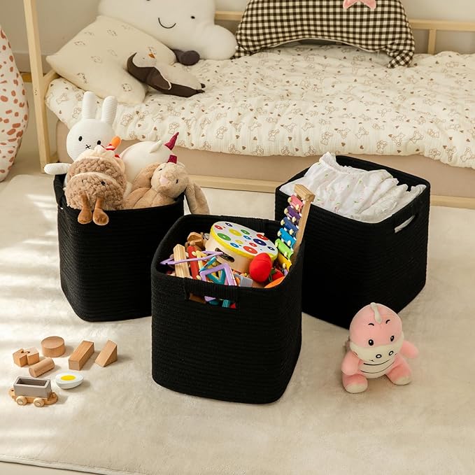 OIAHOMY Storage Cubes 11 Inch Storage Bins-3-Pack, Cotton Rope Woven Baskets for Organizing, Square Storage Baskets for Shelves Organizer, Classroom, Kids Toy Bins, Closet, Baby Nursery-Black-Ruum Studio Home