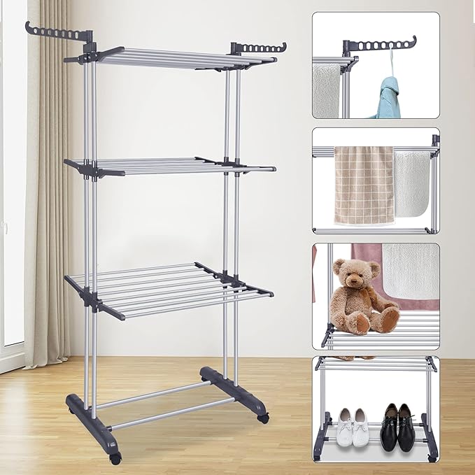 Bigzzia Clothes Drying Rack Folding Drying Rack Clothing 4 Tier Clothes Horses Rack Stainless Steel Laundry Drying Rack with Two Side Wings Grey-Ruum Studio Home