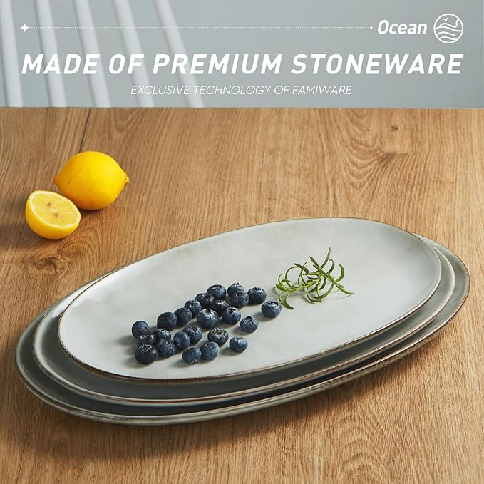 famiware Serving Platter, Oval 15.59/14.3/12.9inch Serving Dishes for Entertaining, Serving Bowls, Reactive Glaze, Stoneware Serving Trays for Party, Food, Turkey, Cheese, Ocean Series, Grey-Ruum Studio Home